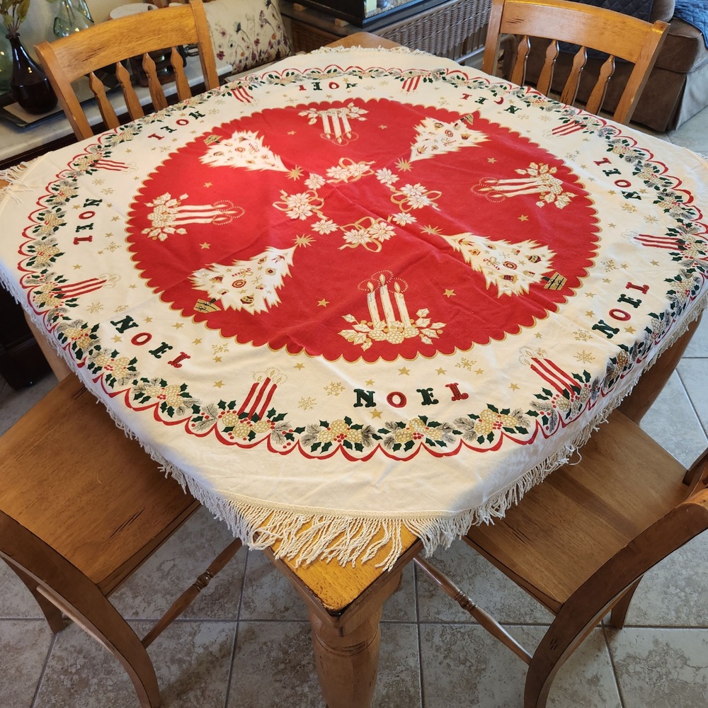 Vintage Cotton Christmas NOEL 55" Round Tablecloth